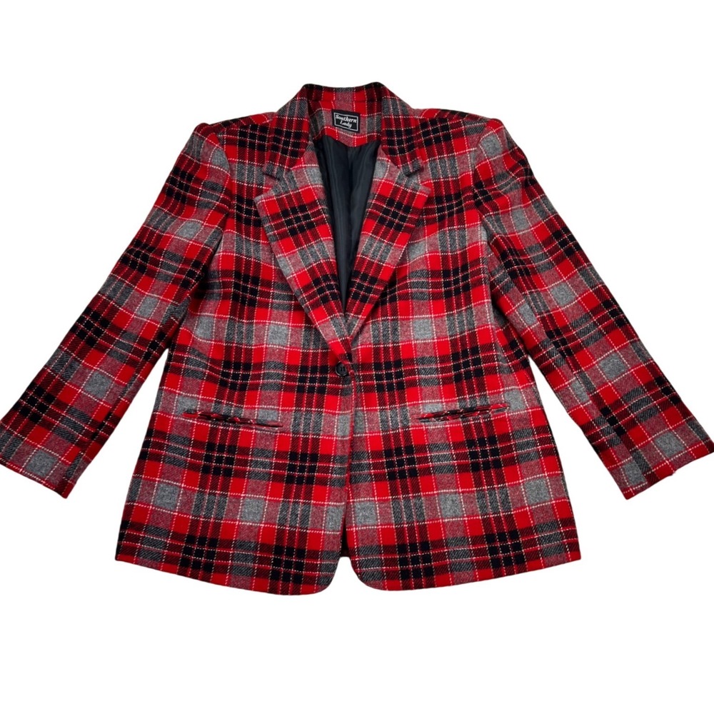 Southern Lady Tartan Plaid Blazer Wool Bend Womens 10 Holiday Jacket USA VTG 90s